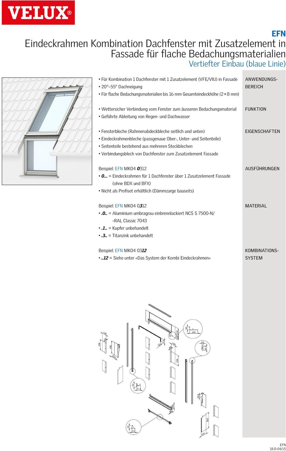 bestehend aus mehreren Steckblechen Verbindungsblech von Dachfenster zum Zusatzelement Fassade Beispiel: EFN MK04 0312 0 = Eindeckrahmen für 1 Dachfenster über 1 Zusatzelement Fassade (ohne