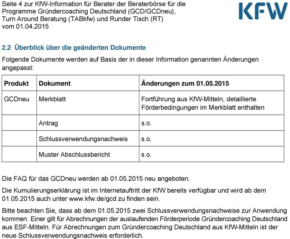 2015 GCDneu Merkblatt Fortführung aus KfW-Mitteln, detaillierte Förderbedingungen im Merkblatt enthalten Antrag Schlussverwendungsnachweis Muster Abschlussbericht s.o. s.o. s.o. Die FAQ für das GCDneu werden ab 01.