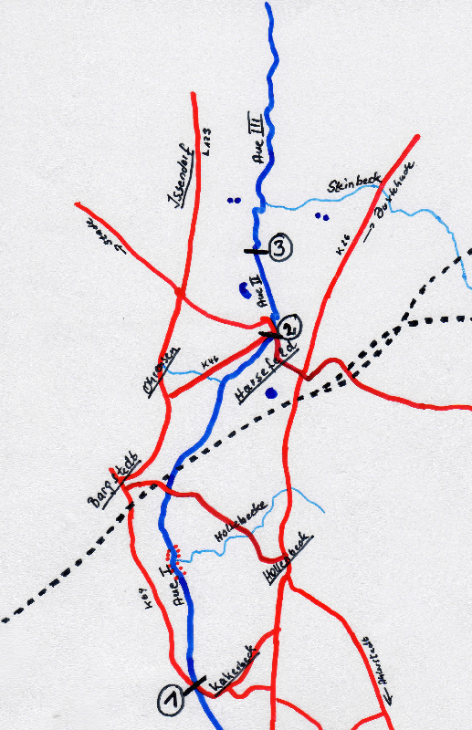 Gewässerstrecken Aue I - III 1= Auebrücke Kakerbecker Mühle (Grenze ) 2= Ende Teilstrecke I (Umfluter Harsefeld) 3= Ende Teilstrecke II (Fußgängerbrücke