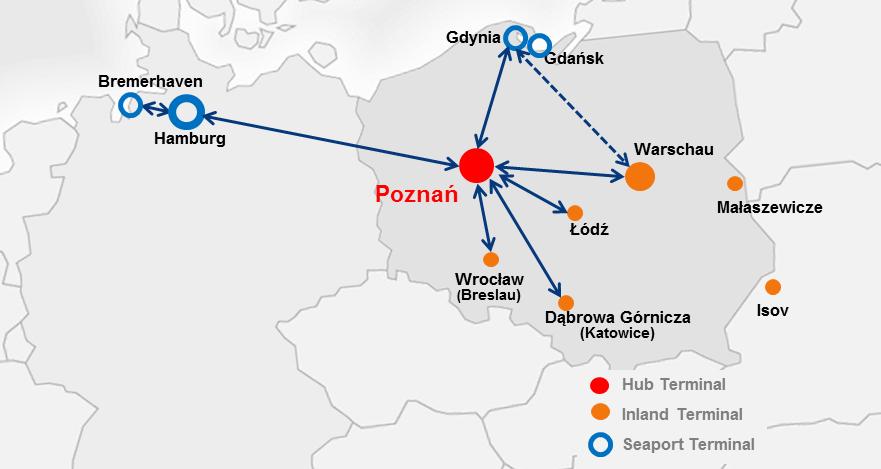 POLZUG Intermodal GmbH Shuttlezug-Verbindungen zwischen Hamburg und Polen Hamburg Poznan v.v.: 11 Zugpaare p.w. Poznan Warschau v.