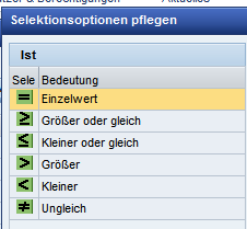 - Individuell SAP Portal Bei der Selektionsoption wird > Größer doppelt angeklickt und mit dem grünen Haken bestätigt. Danach erscheint in der Spalte Einzelwert der Wert 0,00.