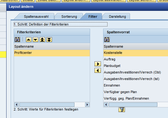 individuell SAP- Portal Beispiel für Profit Center Filterung = empfehlenswert für QSL-Projekte Ausgehend von dem Layout für alle Projekte wird über Layout ändern der Filter auf das Profit Center