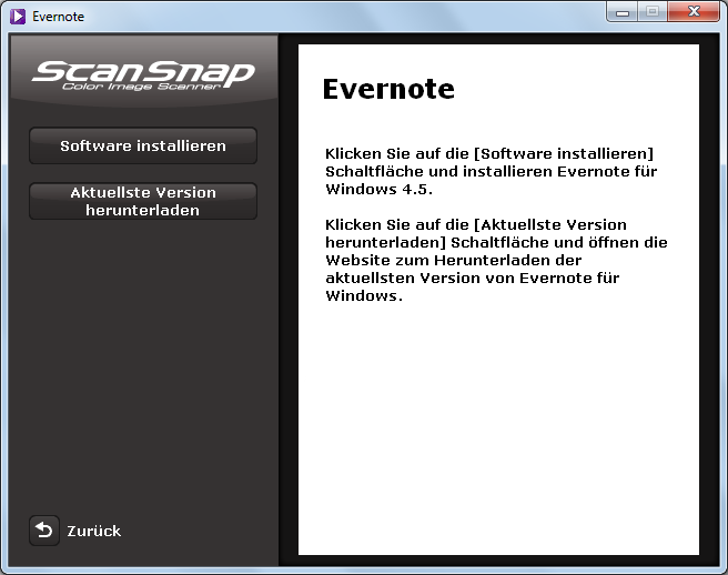 Installation unter Windows 4. Klicken Sie auf die [Evernote] Schaltfläche. Das [Evernote] Dialogfeld erscheint. 5. Klicken Sie auf die [Software installieren] Schaltfläche.
