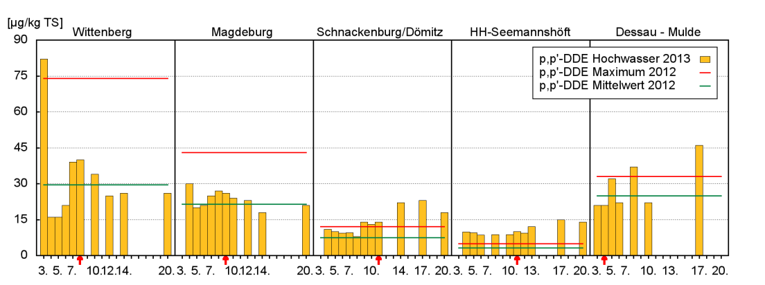 Konzentration des p,p -DDT, p,p - DDD und p,p -DDE im Schwebstoff aus Zentrifugenproben von Elbe und Mulde vom 3. - 20.