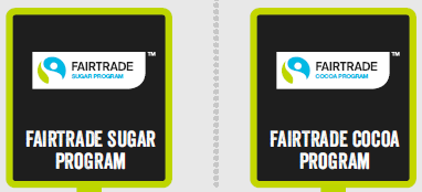 Fairtrade Sourcing Programs Fairtrade Siegel zeigt alle möglichen Zutaten entsprechen den Fairtrade-Standards Zucker oder Kakao nach Fairtrade-Standards wird singulär über diverse