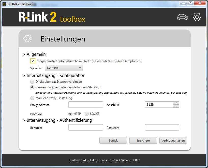 R-LINK 2 TOOL OX Die R-LINK 2 Toolbox braucht eine Internetverbindung, die Sie unter dem Symbol Einstellungen konfigurieren können.