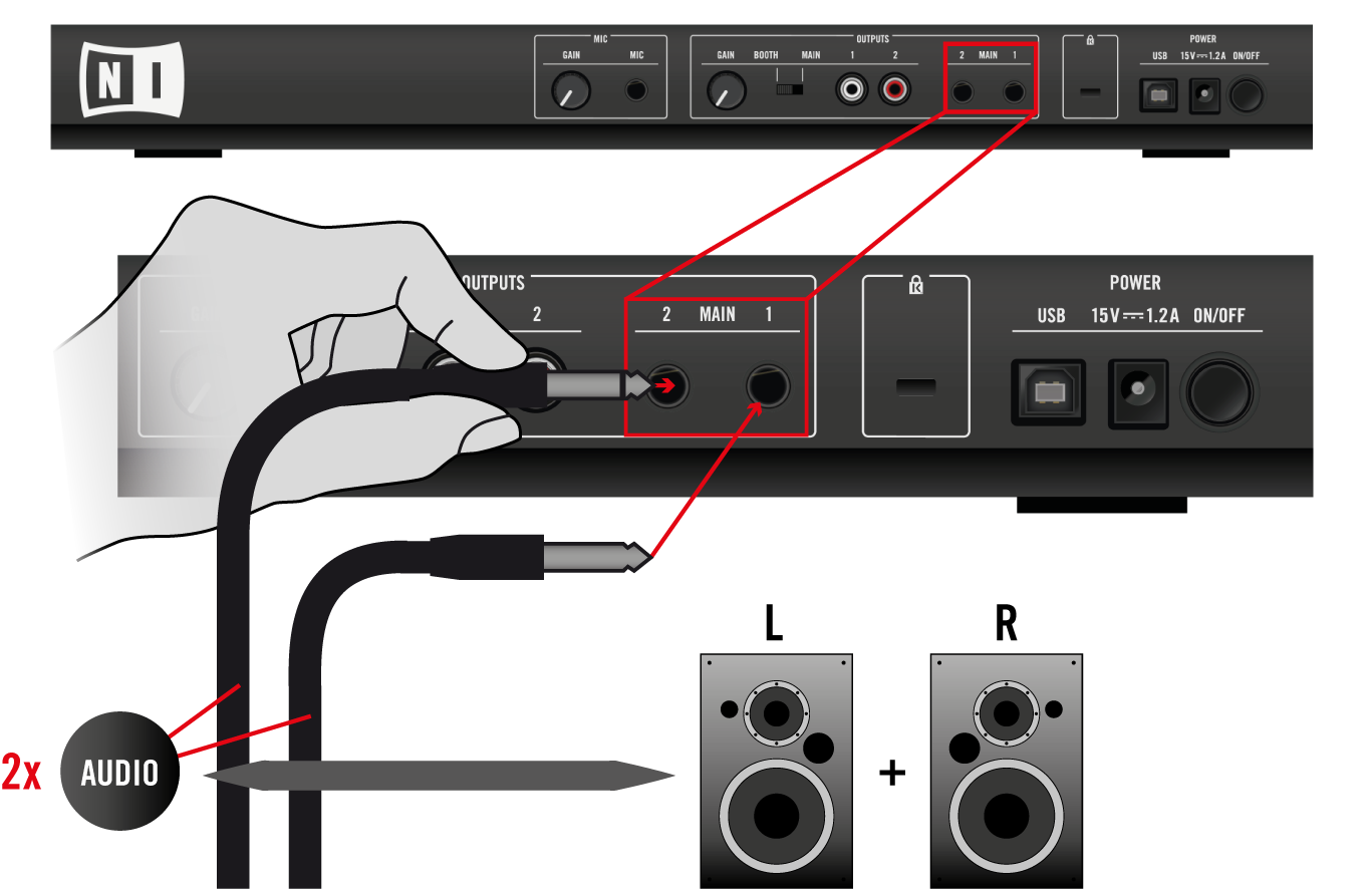 Verwendung des S2 mit einem ios-gerät Letzte Vorbereitungen Verbinden Sie die Hauptausgänge (MAIN OUT) Ihres TRAKTOR CONTROL S2 über passende Kabel (RCA/Cinch) mit den Eingängen Ihres