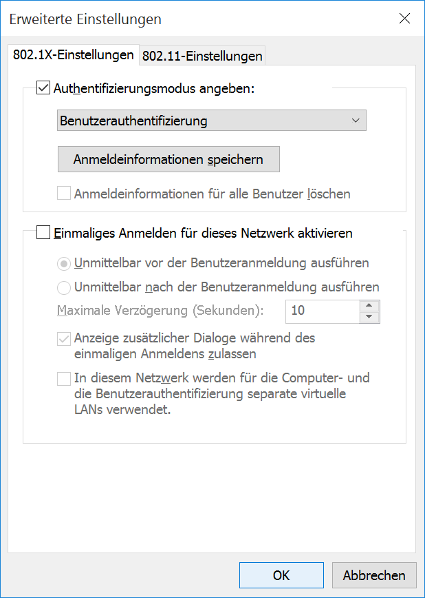 Erweiterte Einstellungen Reiter 802.