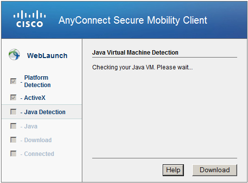 WebLaunch - Checking your Java VM Cisco AnyConnect Client wurde nun auf Ihrem System installiert. Sie können das Programm nun in gewohnter Weise über das Anwendungsmenü starten.