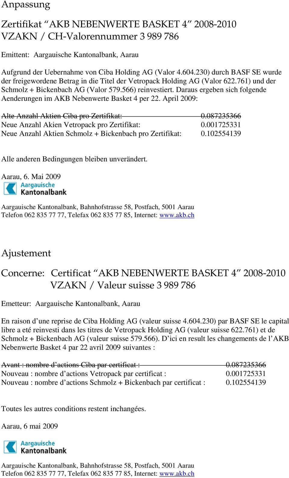 087235366 Neue Anzahl Akien Vetropack pro Zertifikat: 0.001725331 Neue Anzahl Aktien Schmolz + Bickenbach pro Zertifikat: 0.102554139 Aarau, 6.