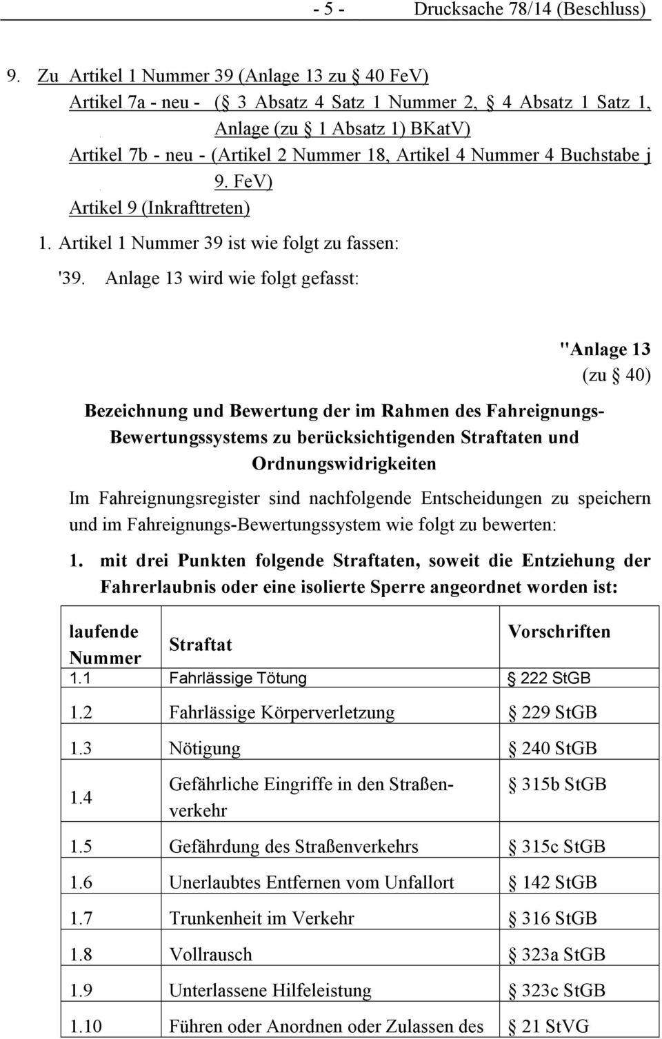 Nummer 4 Buchstabe j 9. FeV) Artikel 9 (Inkrafttreten) 1. Artikel 1 Nummer 39 ist wie folgt zu fassen: '39.