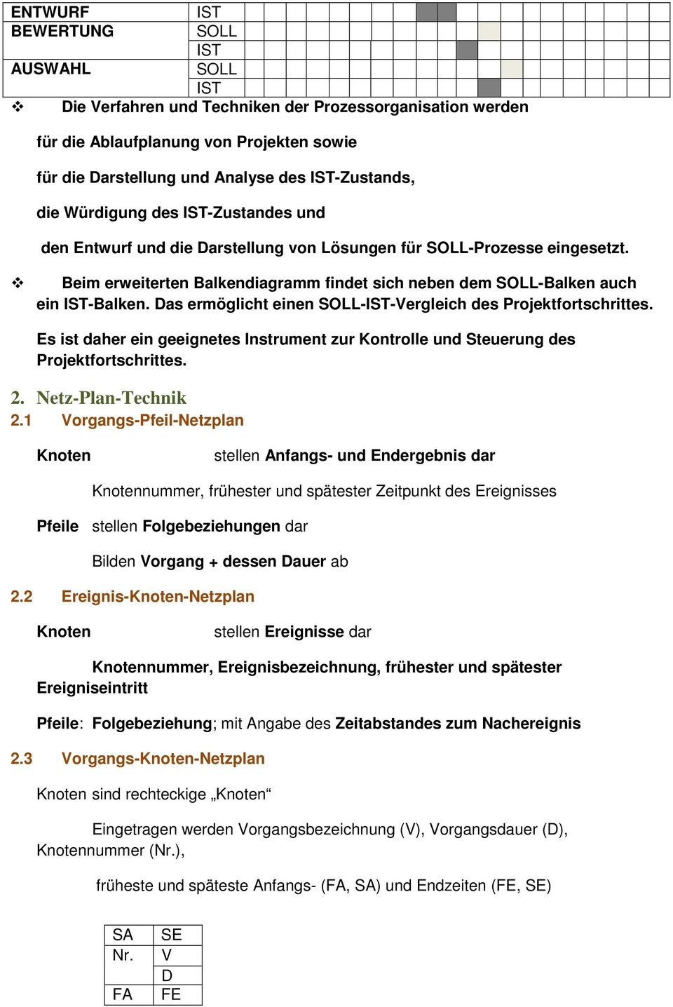 Das ermöglicht einen SOLL--Vergleich des Projektfortschrittes. Es ist daher ein geeignetes Instrument zur Kontrolle und Steuerung des Projektfortschrittes. 2. Netz-Plan-Technik 2.