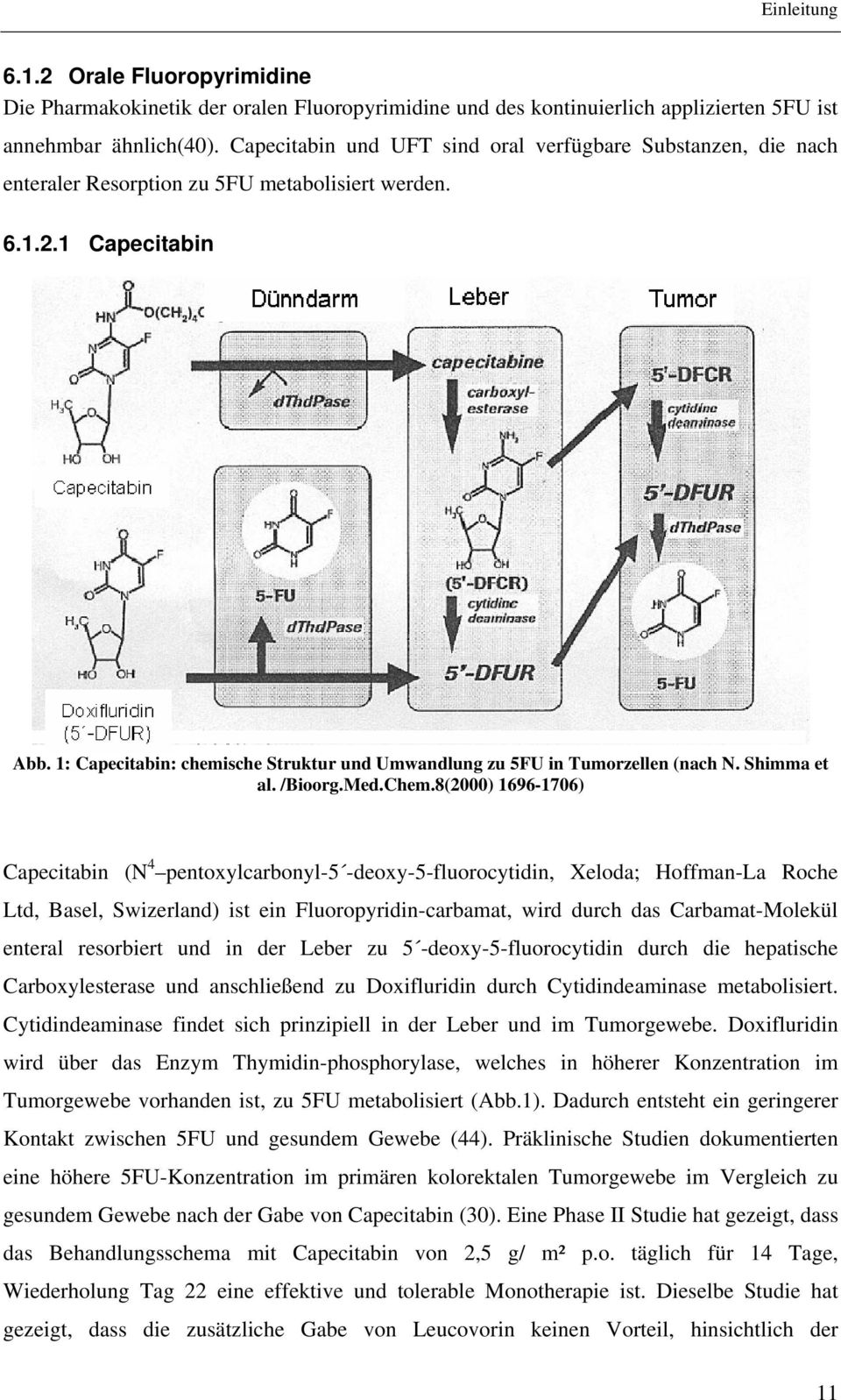 1: Capecitabin: chemische Struktur und Umwandlung zu 5FU in Tumorzellen (nach N. Shimma et al. /Bioorg.Med.Chem.