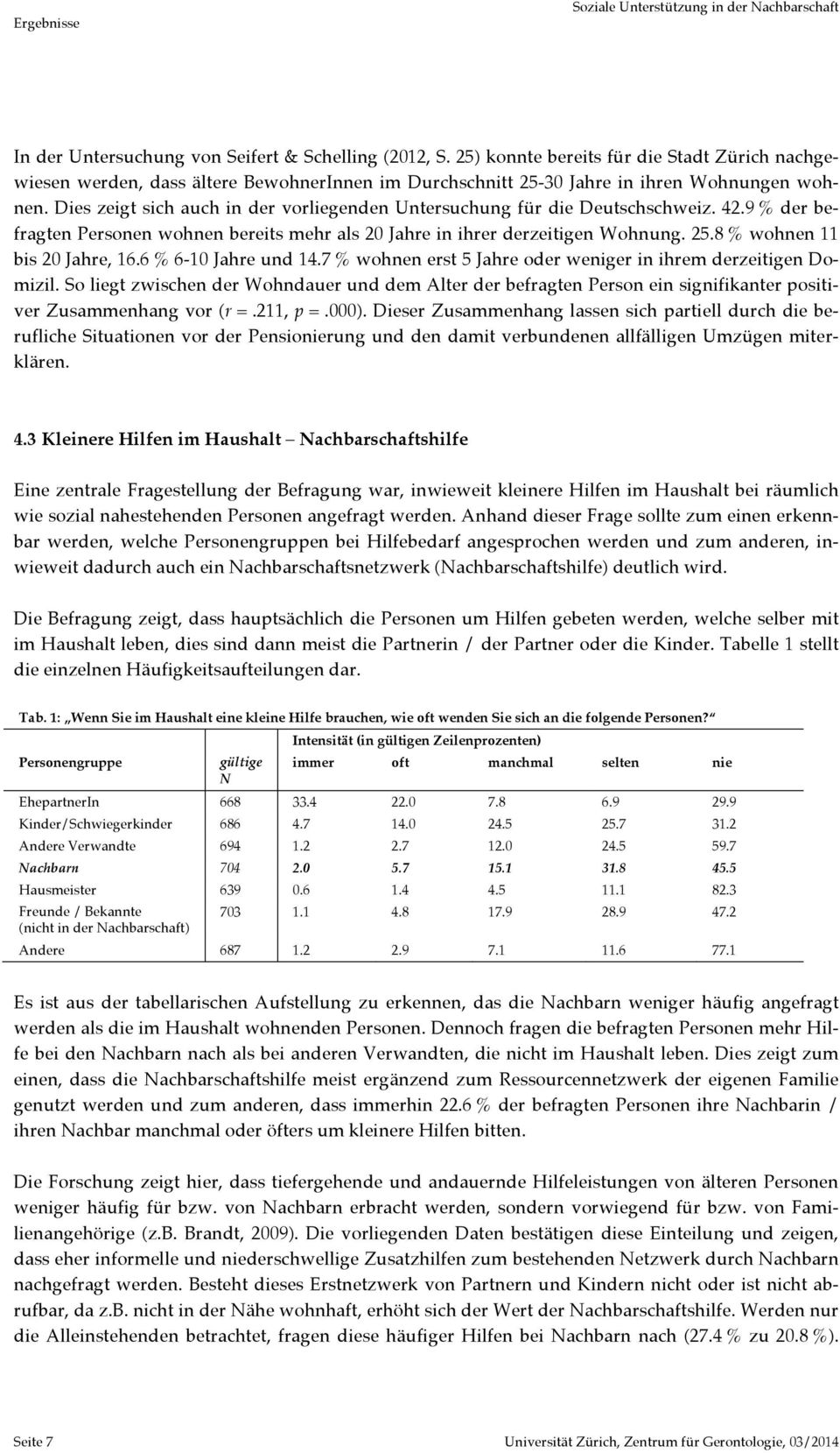 Dies zeigt sich auch in der vorliegenden Untersuchung für die Deutschschweiz. 42.9 % der befragten Personen wohnen bereits mehr als 20 Jahre in ihrer derzeitigen Wohnung. 25.