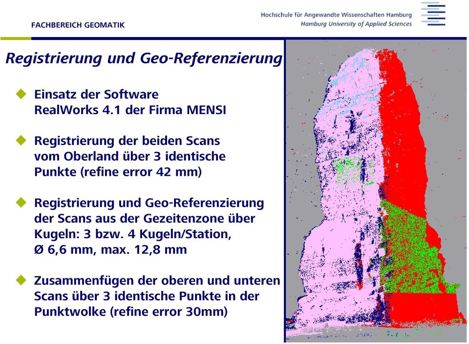 mm) Registrierung und Geo-Referenzierung der Scans aus der Gezeitenzone über Kugeln: 3 bzw.