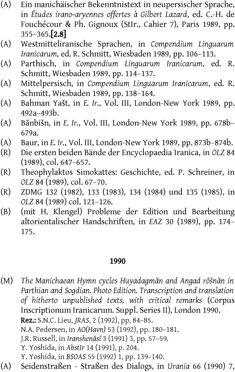 Mittelpersisch, in Compendium Linguarum Iranicarum, ed. R. Schmitt, Wiesbaden 1989, pp. 138 164. Bahman Yašt, in E. Ir., Vol. III, London-New York 1989, pp. 492a 493b. Bānbišn, in E. Ir., Vol. III, London-New York 1989, pp. 678b 679a.