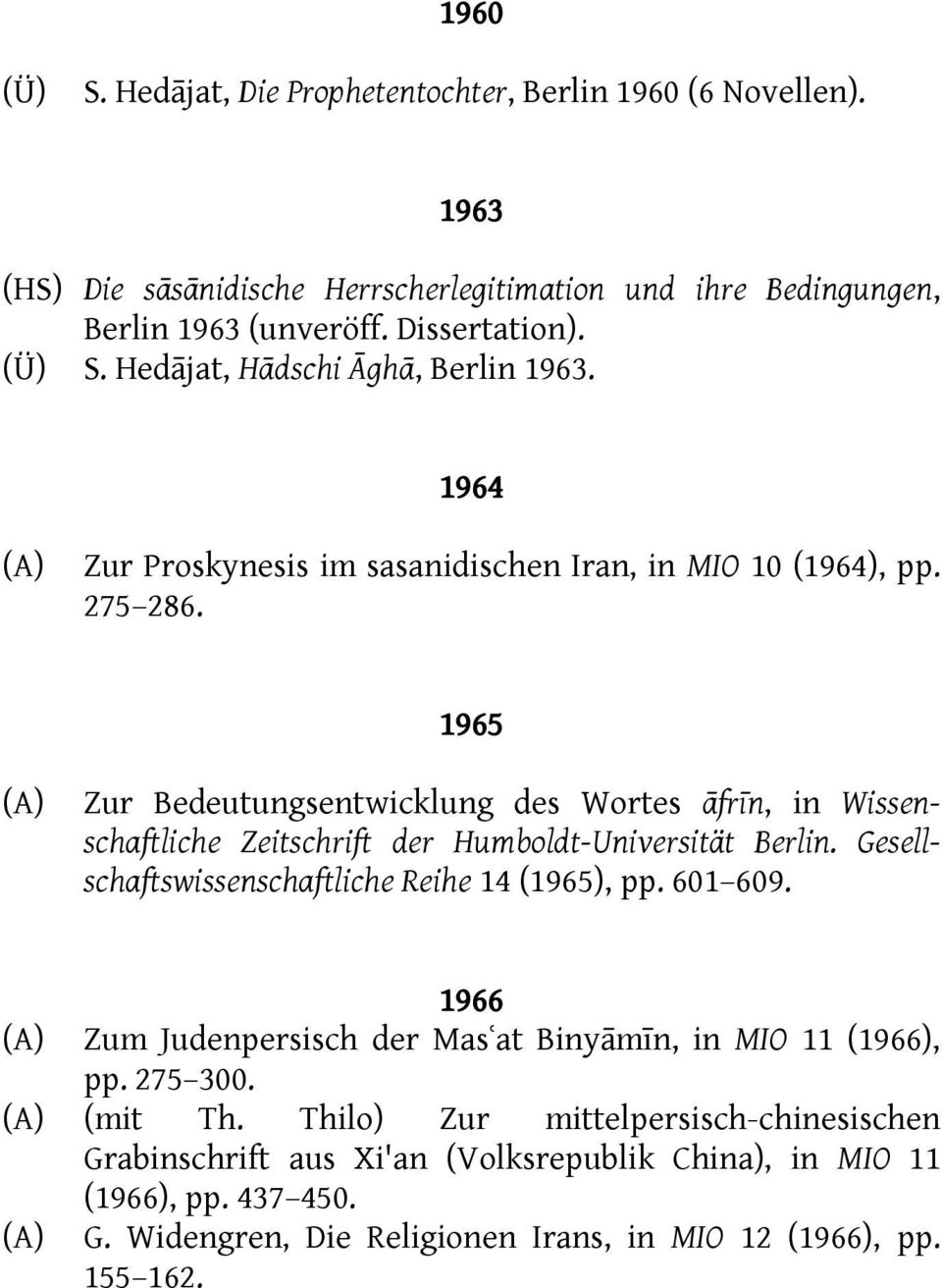 1965 Zur Bedeutungsentwicklung des Wortes āfrīn, in Wissenschaftliche Zeitschrift der Humboldt-Universität Berlin. Gesellschaftswissenschaftliche Reihe 14 (1965), pp. 601 609.
