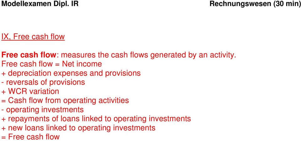 + WCR variation = Cash flow from operating activities - operating investments + repayments