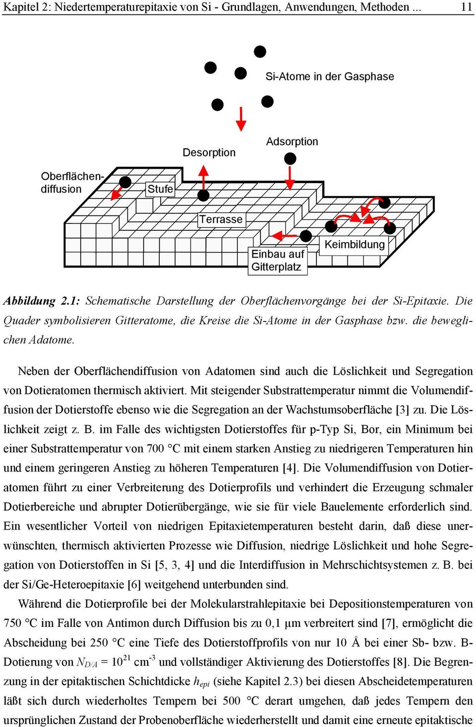 1: Schematische Darstellung der Oberflächenvorgänge bei der Si-Epitaxie. Die Quader symbolisieren Gitteratome, die Kreise die Si-Atome in der Gasphase bzw. die beweglichen Adatome.