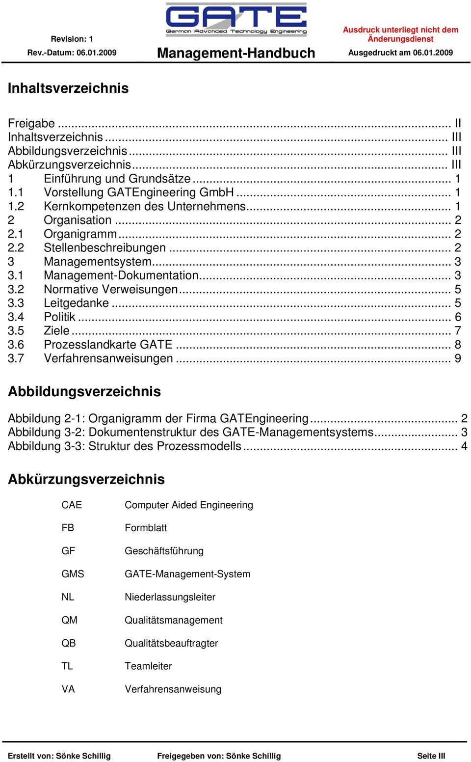 .. 6 3.5 Ziele... 7 3.6 Prozesslandkarte GATE... 8 3.7 Verfahrensanweisungen... 9 Abbildungsverzeichnis Abbildung 2-1: Organigramm der Firma GATEngineering.