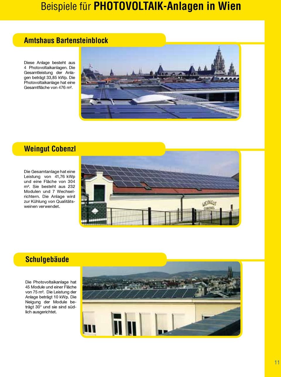 Weingut Cobenzl Die Gesamtanlage hat eine Leistung von 41,76 kwp und eine Fläche von 304 m². Sie besteht aus 232 Modulen und 7 Wechselrichtern.