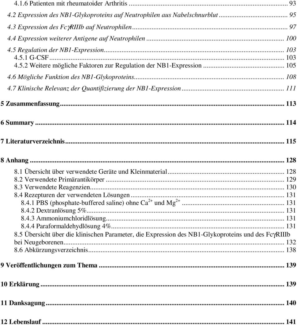 6 Mögliche Funktion des NB1-Glykoproteins... 108 4.7 Klinische Relevanz der Quantifizierung der NB1-Expression... 111 5 Zusammenfassung... 113 6 Summary... 114 7 Literaturverzeichnis... 115 8 Anhang.