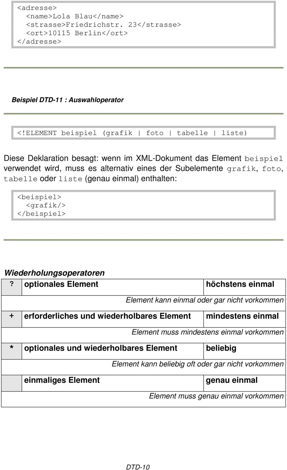 liste (genau einmal) enthalten: <beispiel> <grafik/> </beispiel> Wiederholungsoperatoren?