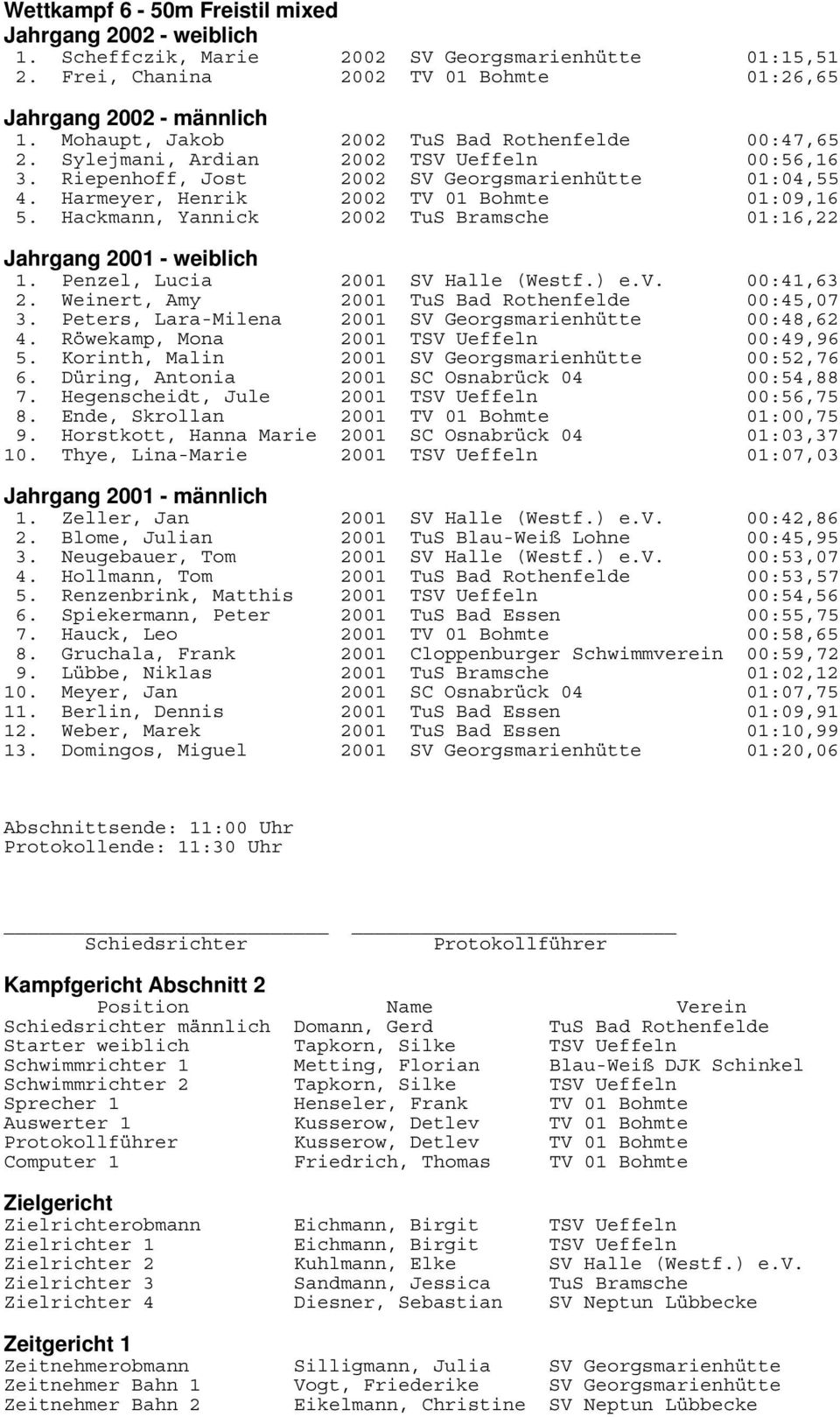 Hackmann, Yannick 2002 TuS Bramsche 01:16,22 Jahrgang 2001 - weiblich 1. Penzel, Lucia 2001 SV Halle (Westf.) e.v. 00:41,63 2. Weinert, Amy 2001 TuS Bad Rothenfelde 00:45,07 3.