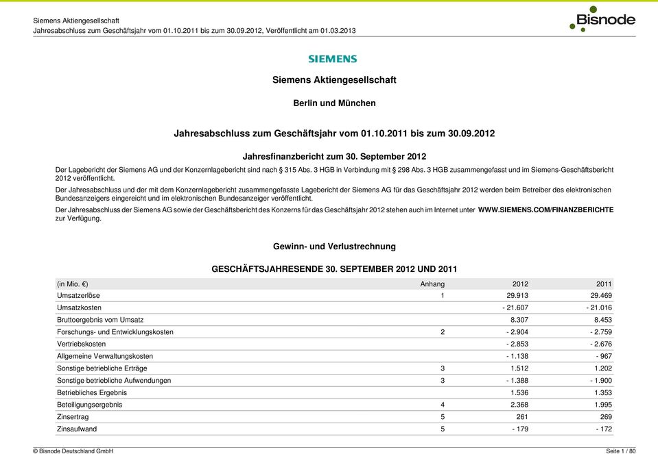 Der Jahresabschluss und der mit dem Konzernlagebericht zusammengefasste Lagebericht der Siemens AG für das Geschäftsjahr 2012 werden beim Betreiber des elektronischen Bundesanzeigers eingereicht und