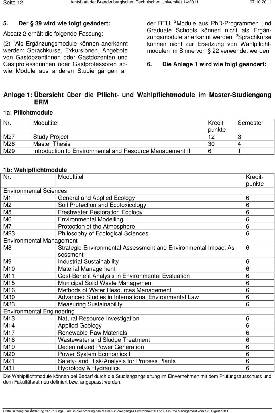 Gastprofessorinnen oder Gastprofessoren sowie Module aus anderen Studiengängen an der BTU. 2 Module aus hd-rogrammen und Graduate Schools können nicht als Ergänzungsmodule anerkannt werden.