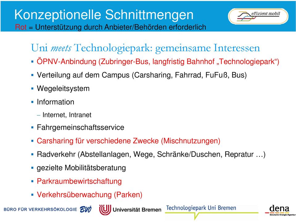 FuFuß, Bus) Wegeleitsystem Information Internet, Intranet Fahrgemeinschaftsservice Carsharing für verschiedene Zwecke