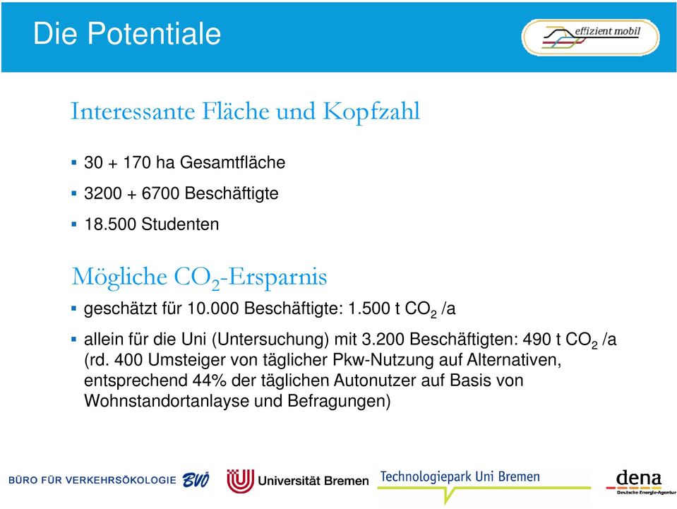 500 t CO 2 /a allein für die Uni (Untersuchung) mit 3.200 Beschäftigten: 490 t CO 2 /a (rd.