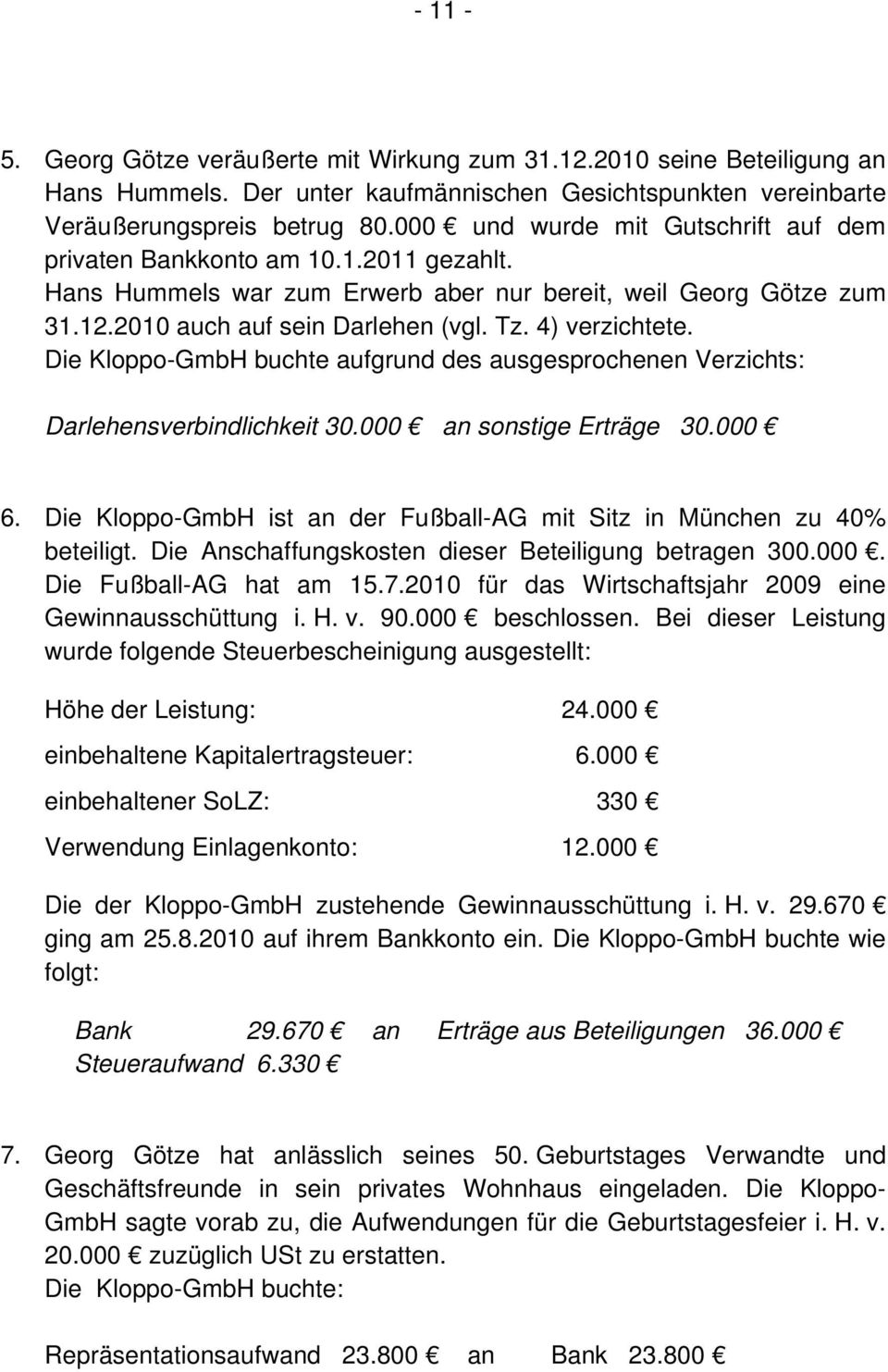 4) verzichtete. Die Kloppo-GmbH buchte aufgrund des ausgesprochenen Verzichts: Darlehensverbindlichkeit 30.000 an sonstige Erträge 30.000 6.