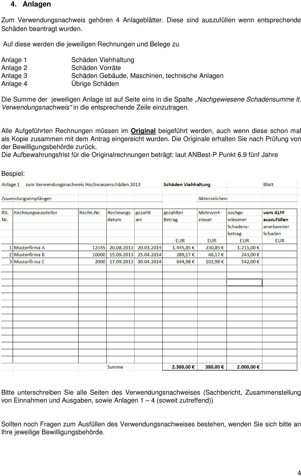 Summe der jeweiligen Anlage ist auf Seite eins in die Spalte Nachgewiesene Schadensumme lt. Verwendungsnachweis in die entsprechende Zeile einzutragen.