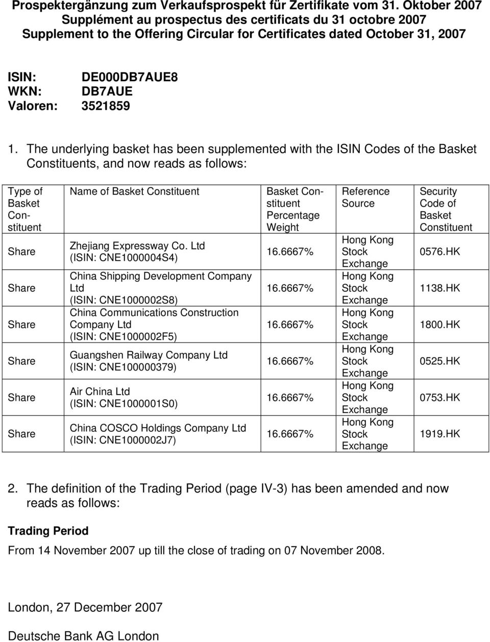 The underlying basket has been supplemented with the ISIN Codes of the Basket Constituents, and now reads as follows: Type of Basket Constituent Name of Basket Constituent Zhejiang Expressway Co.