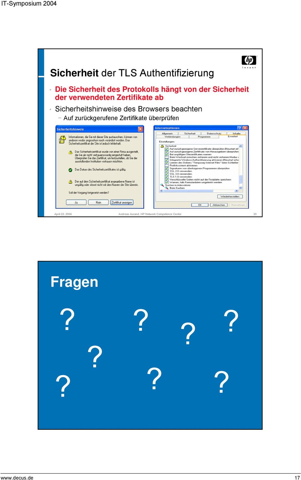 zurückgerufene Zertifikate überprüfen April 22, 2004 Andreas Aurand, HP Network