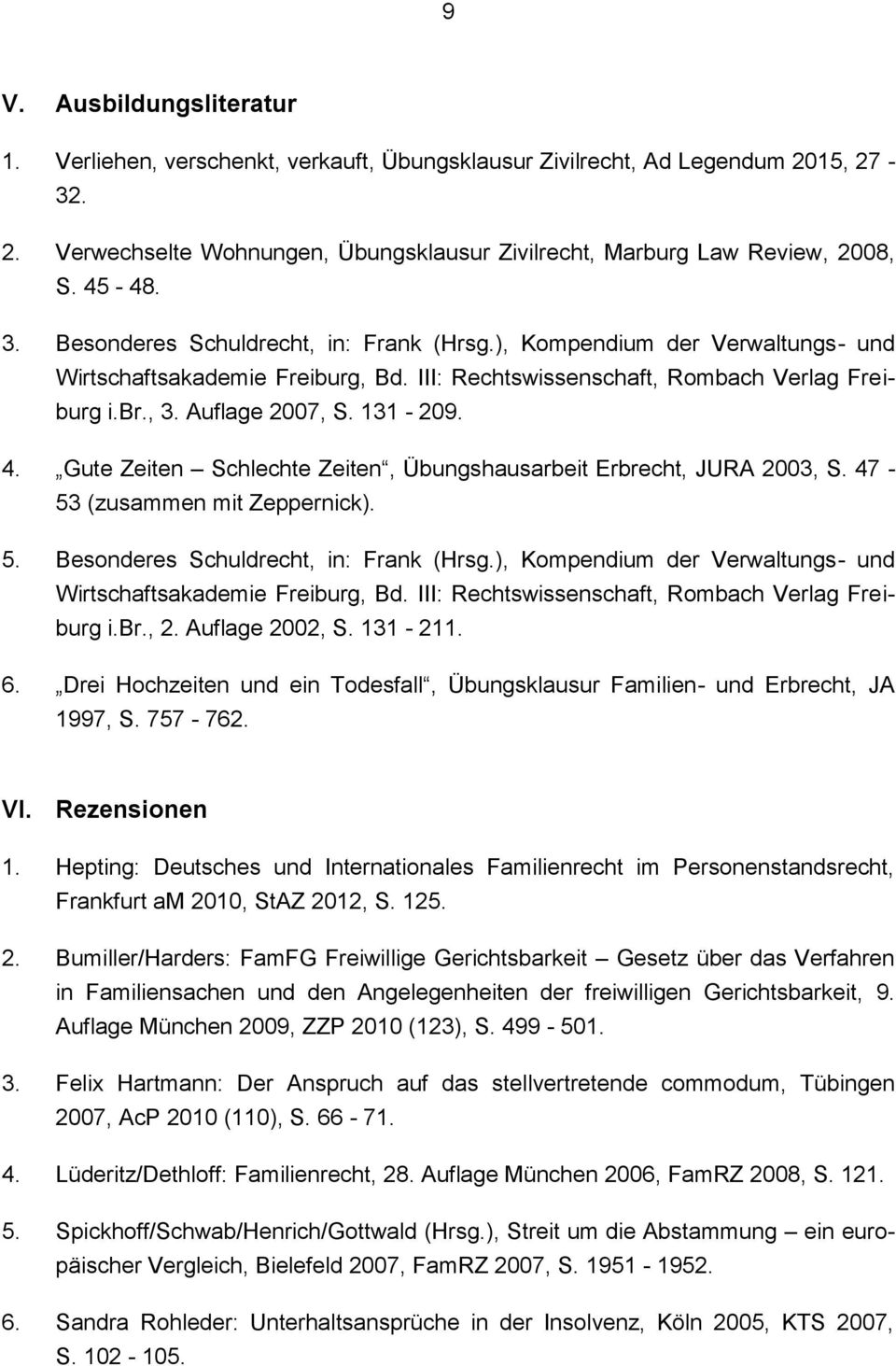 131-209. 4. Gute Zeiten Schlechte Zeiten, Übungshausarbeit Erbrecht, JURA 2003, S. 47-53 (zusammen mit Zeppernick). 5. Besonderes Schuldrecht, in: Frank (Hrsg.