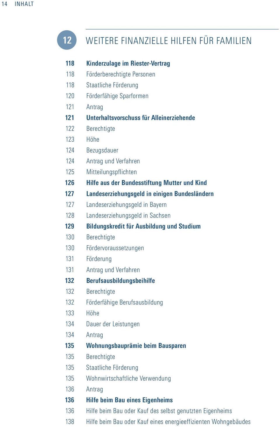 Landeserziehungsgeld in einigen Bundesländern 127 Landeserziehungsgeld in Bayern 128 Landeserziehungsgeld in Sachsen 129 Bildungskredit für Ausbildung und Studium 130 Berechtigte 130