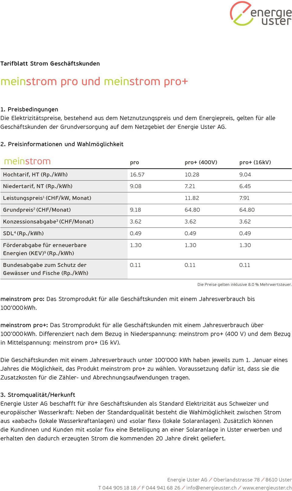 45 Leistungspreis 1 (CHF/kW, Monat) 11.82 7.91 Grundpreis 2 (CHF/Monat) 9.18 64.80 64.80 Konzessionsabgabe 3 (CHF/Monat) 3.62 3.62 3.62 SDL 4 (Rp./kWh) 0.49 0.