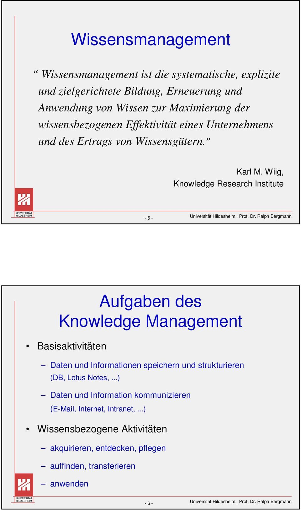 Wiig, Knowledge Research Institute Aufgaben des Knowledge Management Basisaktivitäten Daten und Informationen speichern und strukturieren (DB,