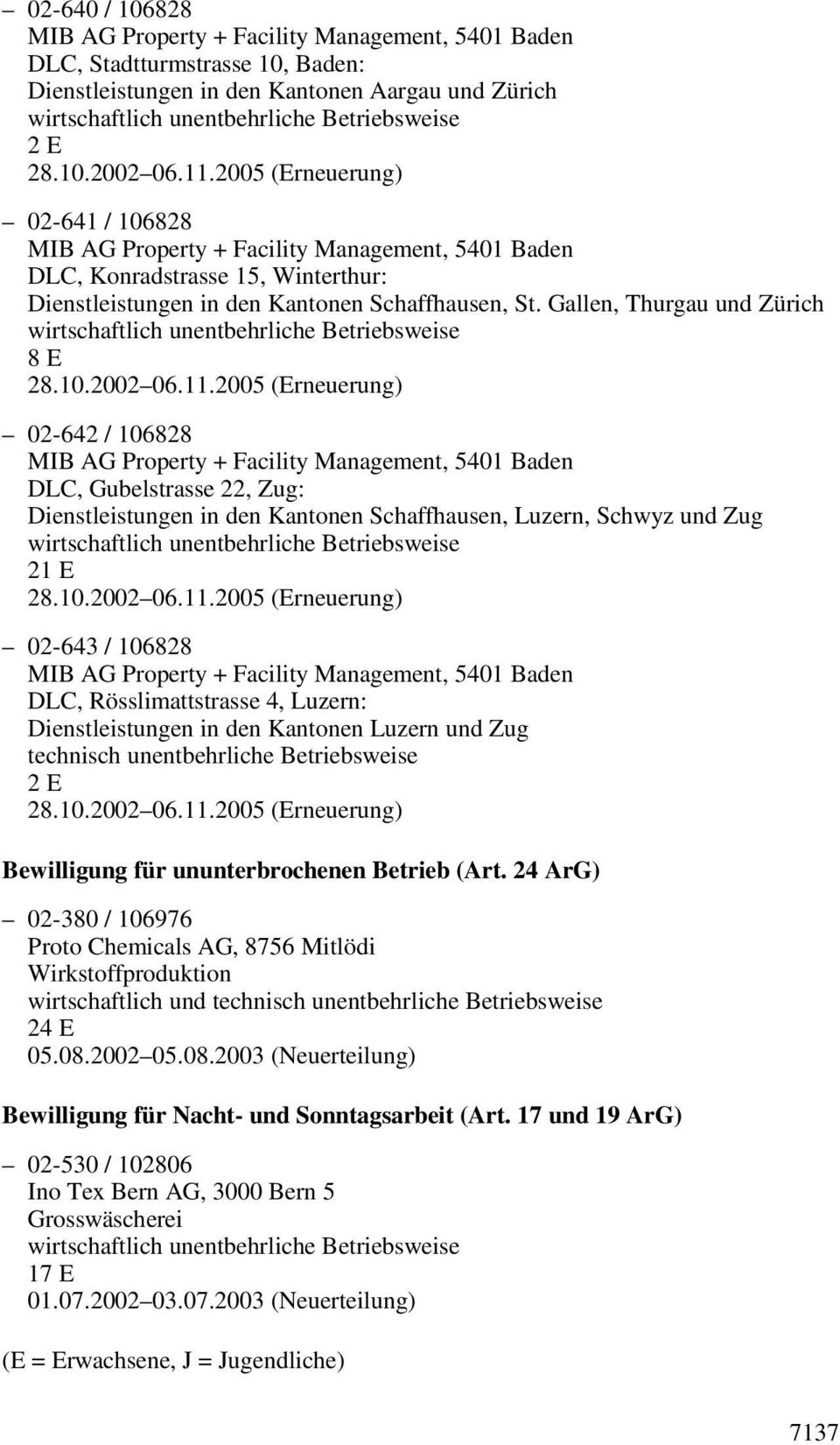 Luzern: Dienstleistungen in den Kantonen Luzern und Zug technisch unentbehrliche Betriebsweise Bewilligung für ununterbrochenen Betrieb (Art.