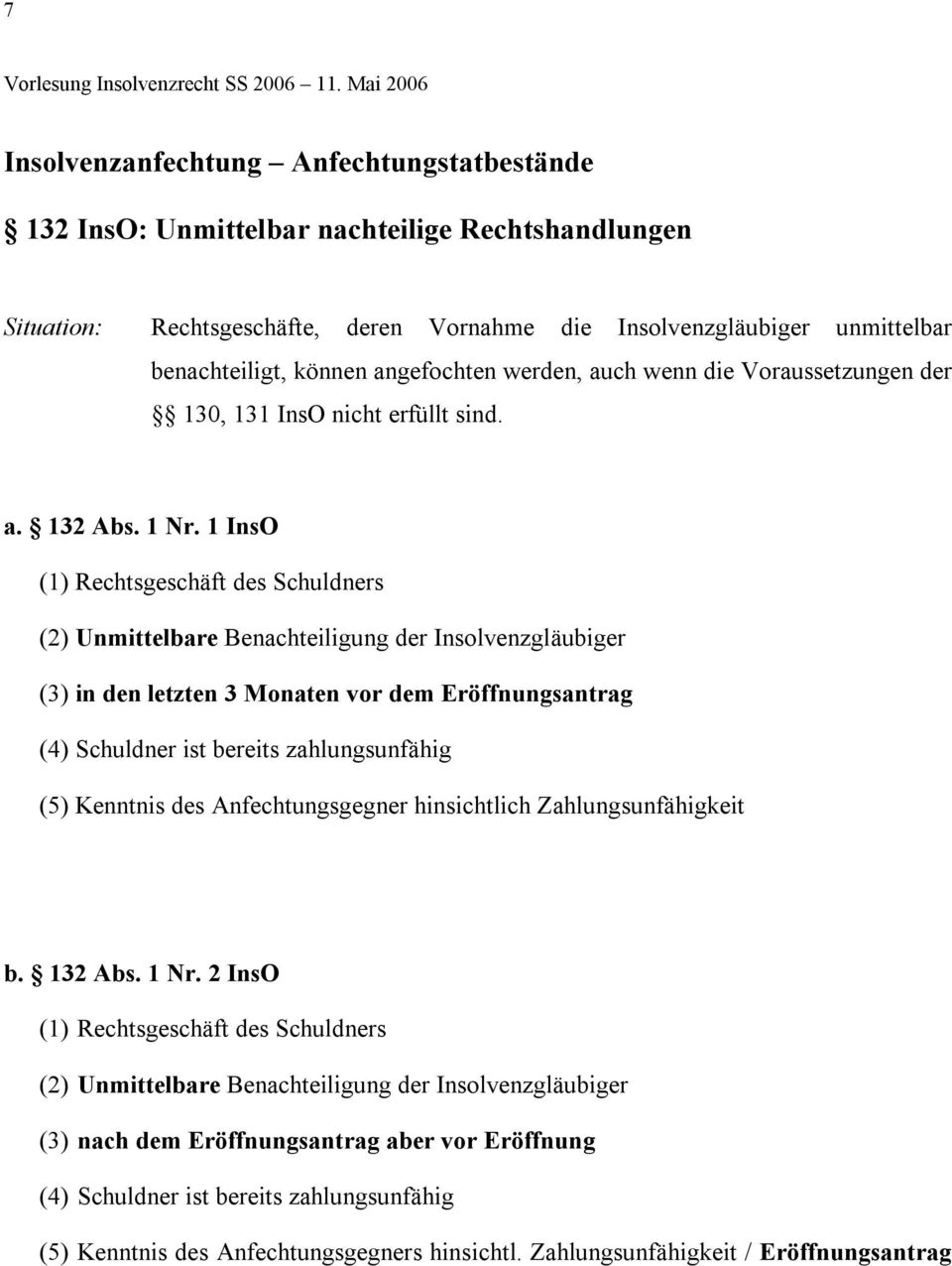 1 InsO (1) Rechtsgeschäft des Schuldners (2) Unmittelbare Benachteiligung der Insolvenzgläubiger (3) in den letzten 3 Monaten vor dem Eröffnungsantrag (4) Schuldner ist bereits zahlungsunfähig (5)