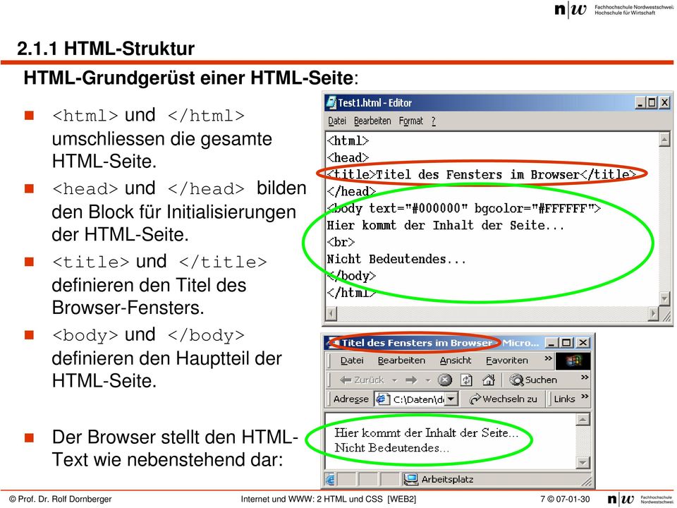 <title> und </title> definieren den Titel des Browser-Fensters.