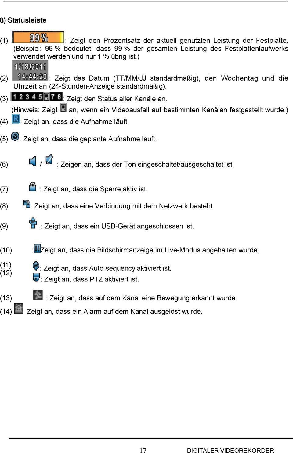 ) (2) : Zeigt das Datum (TT/MM/JJ standardmäßig), den Wochentag und die Uhrzeit an (24-Stunden-Anzeige standardmäßig). (3) : Zeigt den Status aller Kanäle an.