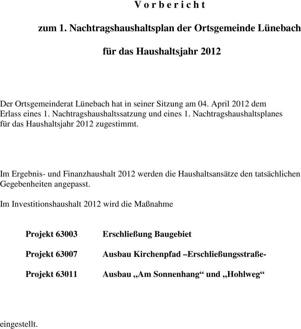 April 2012 dem Erlass eines 1. Nachtragshaushaltssatzung und eines 1. Nachtragshaushaltsplanes für das Haushaltsjahr 2012 zugestimmt.