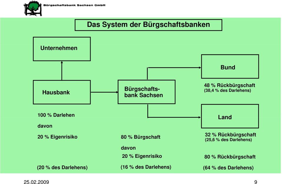 Bürgschaft davon 20 % Eigenrisiko Land 32 % Rückbürgschaft (25,6 % des Darlehens) 80 %