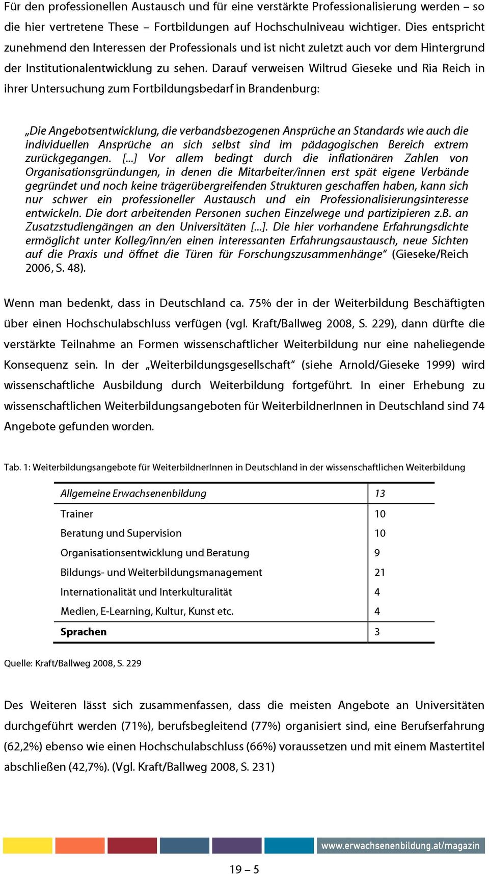 Darauf verweisen Wiltrud Gieseke und Ria Reich in ihrer Untersuchung zum Fortbildungsbedarf in Brandenburg: Die Angebotsentwicklung, die verbandsbezogenen Ansprüche an Standards wie auch die