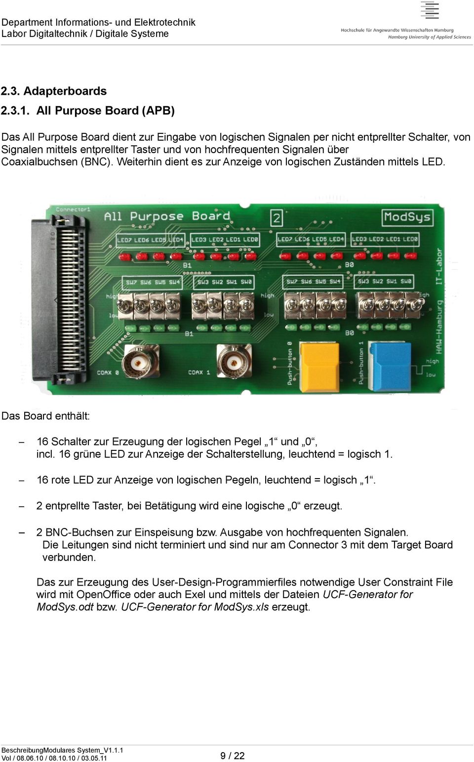 Coaxialbuchsen (BNC). Weiterhin dient es zur Anzeige von logischen Zuständen mittels LED. Das Board enthält: 16 Schalter zur Erzeugung der logischen Pegel 1 und 0, incl.