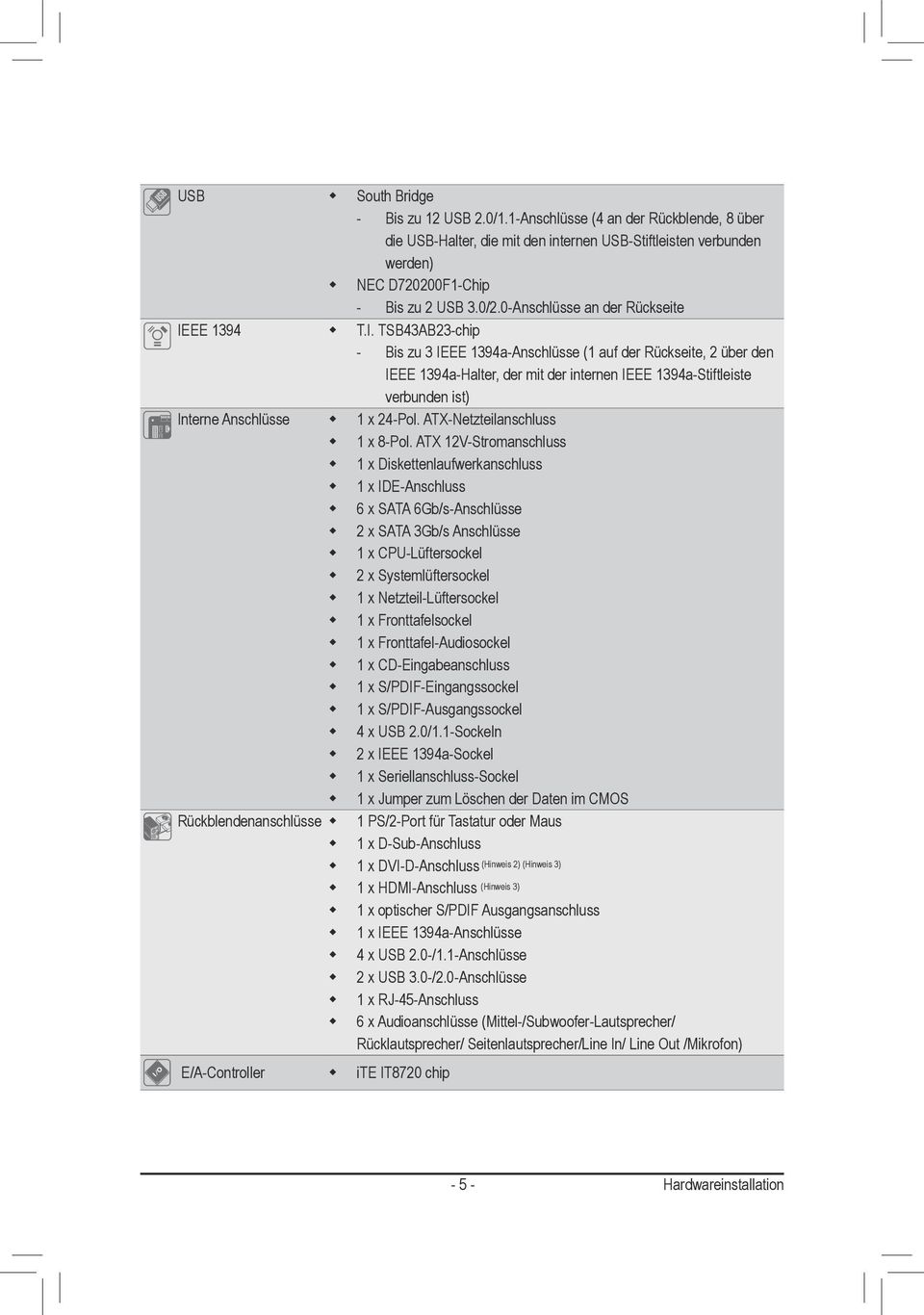 EE 394 T.I. TSB43AB23-chip - Bis zu 3 IEEE 394a-Anschlüsse ( auf der Rückseite, 2 über den IEEE 394a-Halter, der mit der internen IEEE 394a-Stiftleiste verbunden ist) Interne Anschlüsse x 24-Pol.