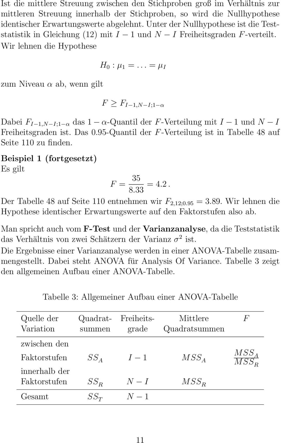 ..= µ I F F I 1,N I;1 α Dabei F I 1,N I;1 α das 1 α-quantil der F -Verteilung mit I 1 und N I Freiheitsgraden ist. Das 0.95-Quantil der F -Verteilung ist in Tabelle 48 auf Seite 110 zu finden.